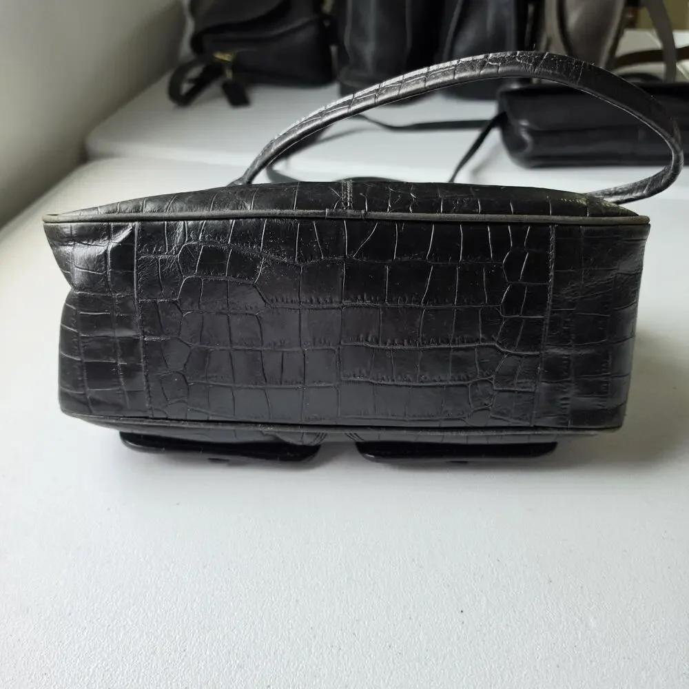 Fossil Shoulder Bag Womens Small Black Croc Embossed Leather Zip Purse Handbag
